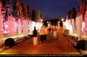 Au crépuscule, les promeneurs déambulent dans les allées du parc.