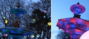 Près de la fontaine des Quatres Saisons devenue le terrain de jeu d’une effroyable bataille de peinture