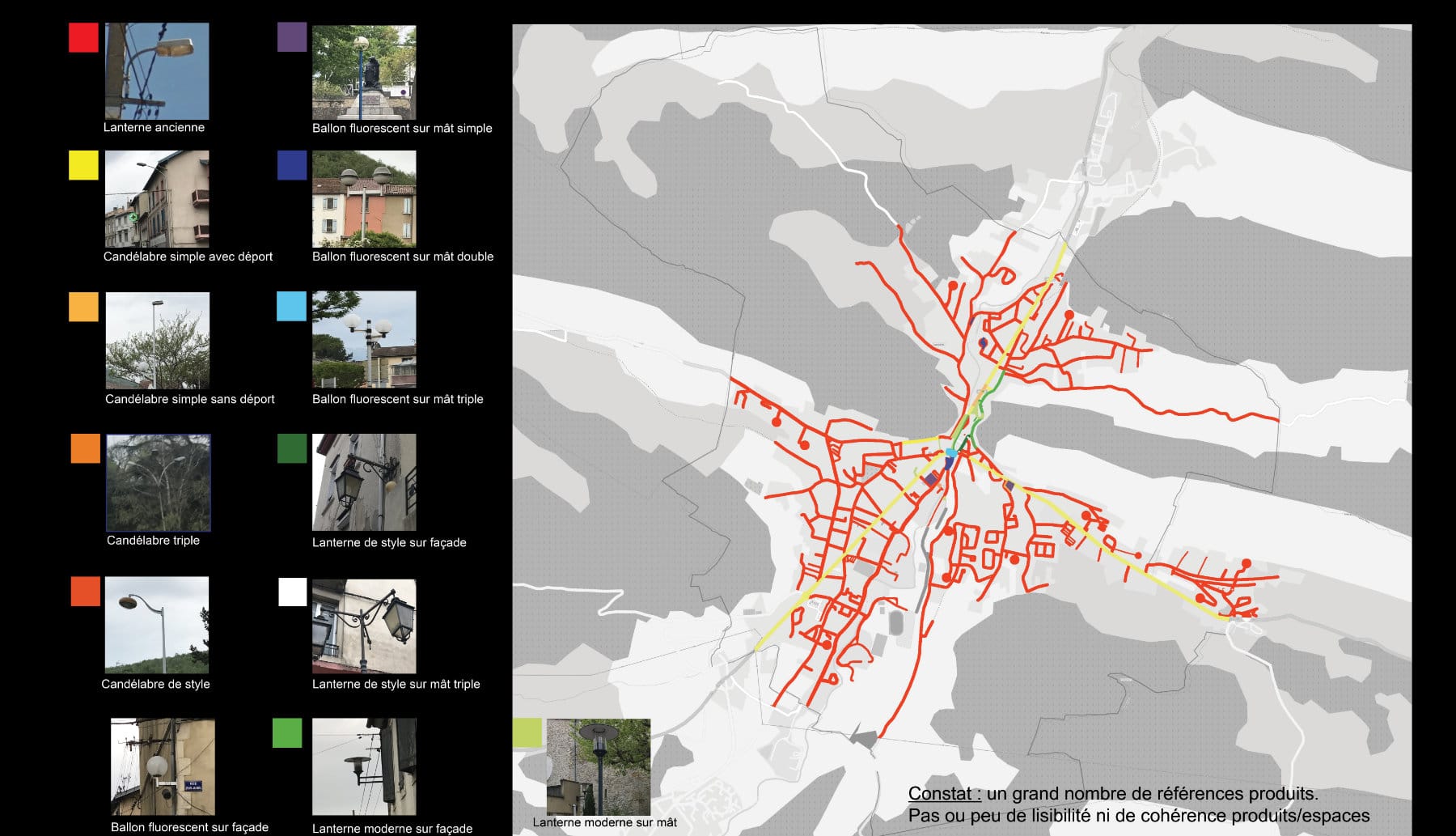 carte d'une ville avec materiel d'éclairage public