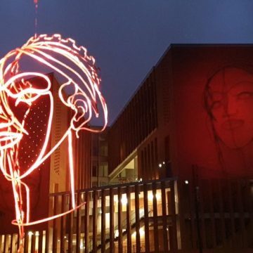 éclairage d'une sculpture d'un visage en fil d'acier avec ombre sur le bâtiment en arrière plan