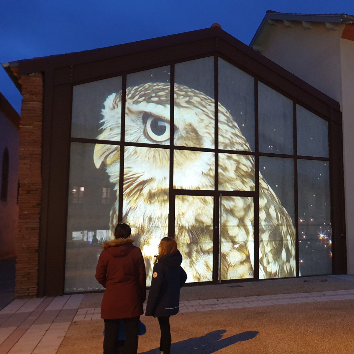 rétro vidéoprojection sur toile sur la façade d'un bâtiment vitré