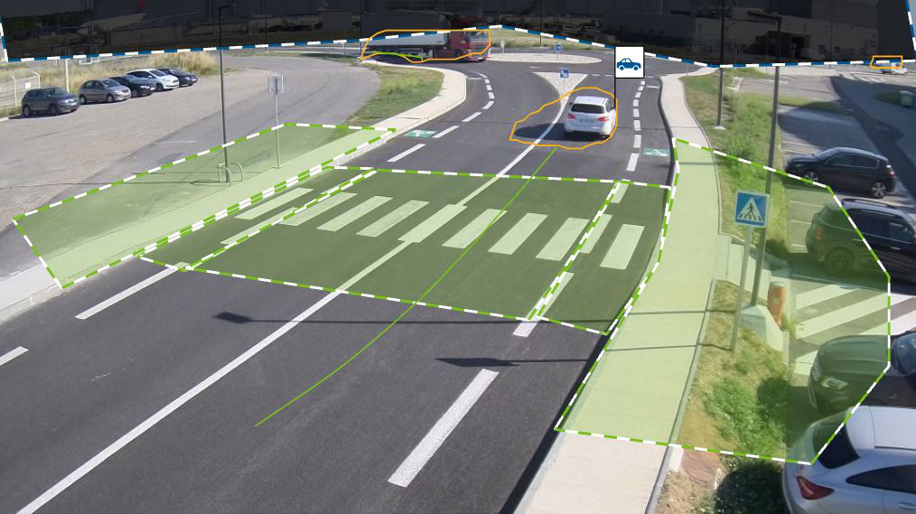 image de caméra de détection de forme avec les zones de détection et masques et les voitures détectées