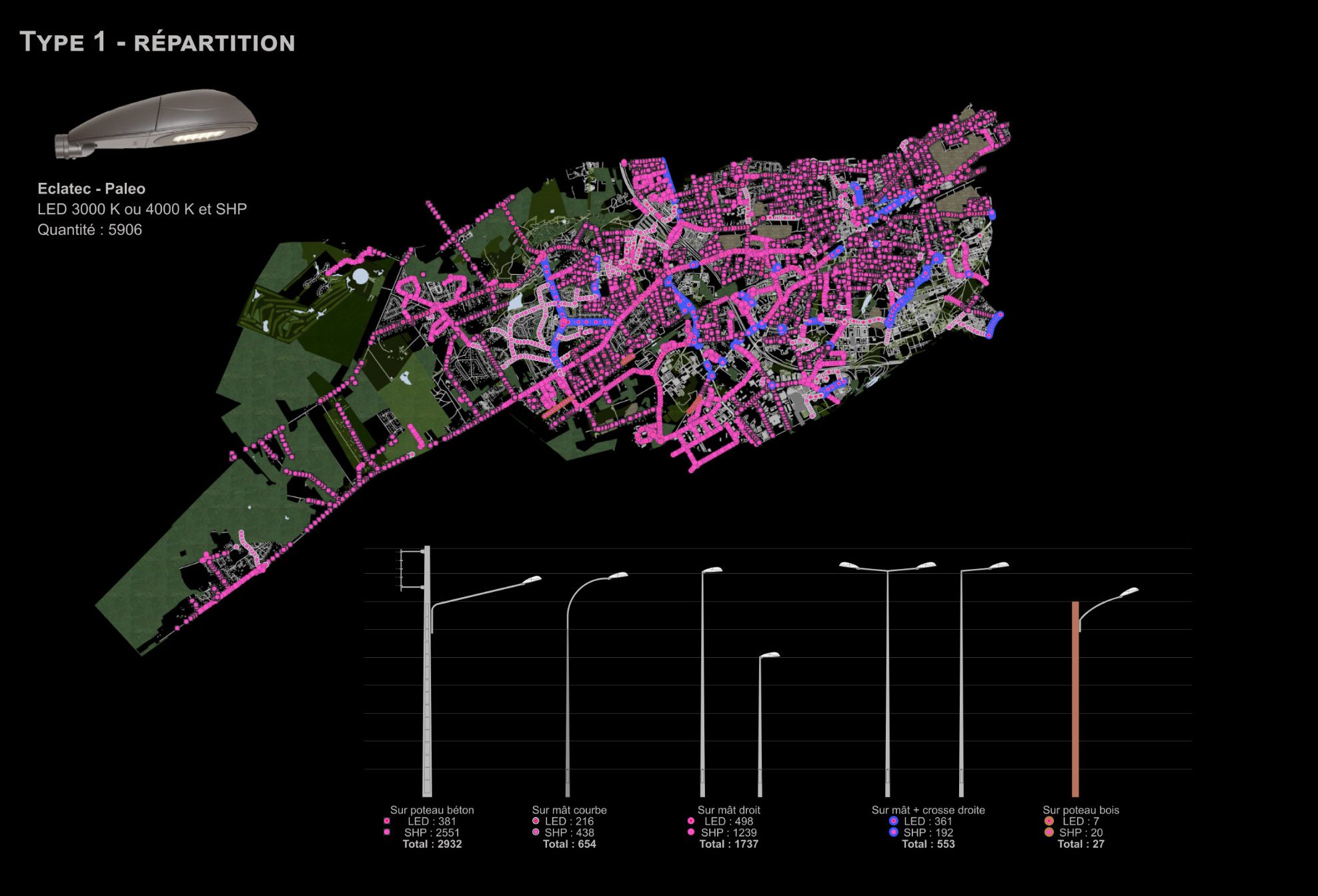 carte de points lumineux avec différentes typologies
