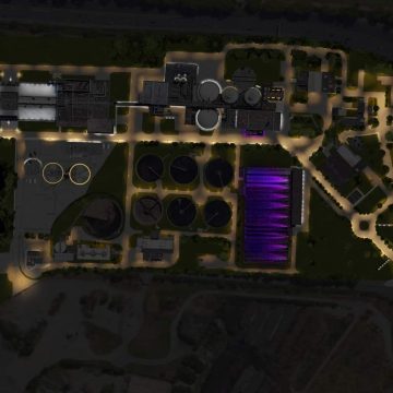 plan masse nuit de l'usine de dépollution des eaux de Ginestous à Toulouse avec mises en lumières et éclairage public