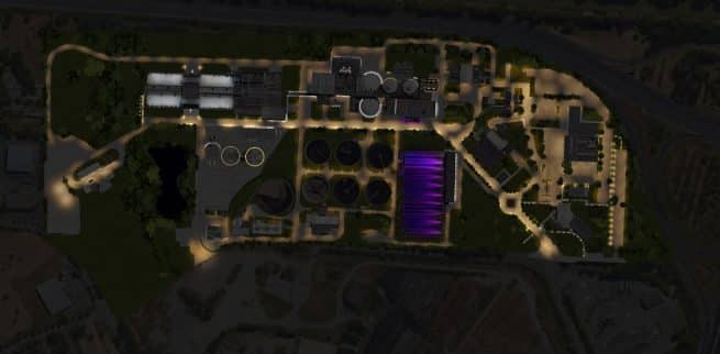 plan masse nuit de l'usine de dépollution des eaux de Ginestous à Toulouse avec mises en lumières et éclairage public