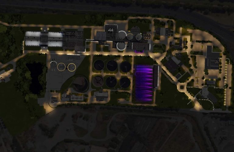 plan masse nuit de l'usine de dépollution des eaux de Ginestous à Toulouse avec mises en lumières et éclairage public