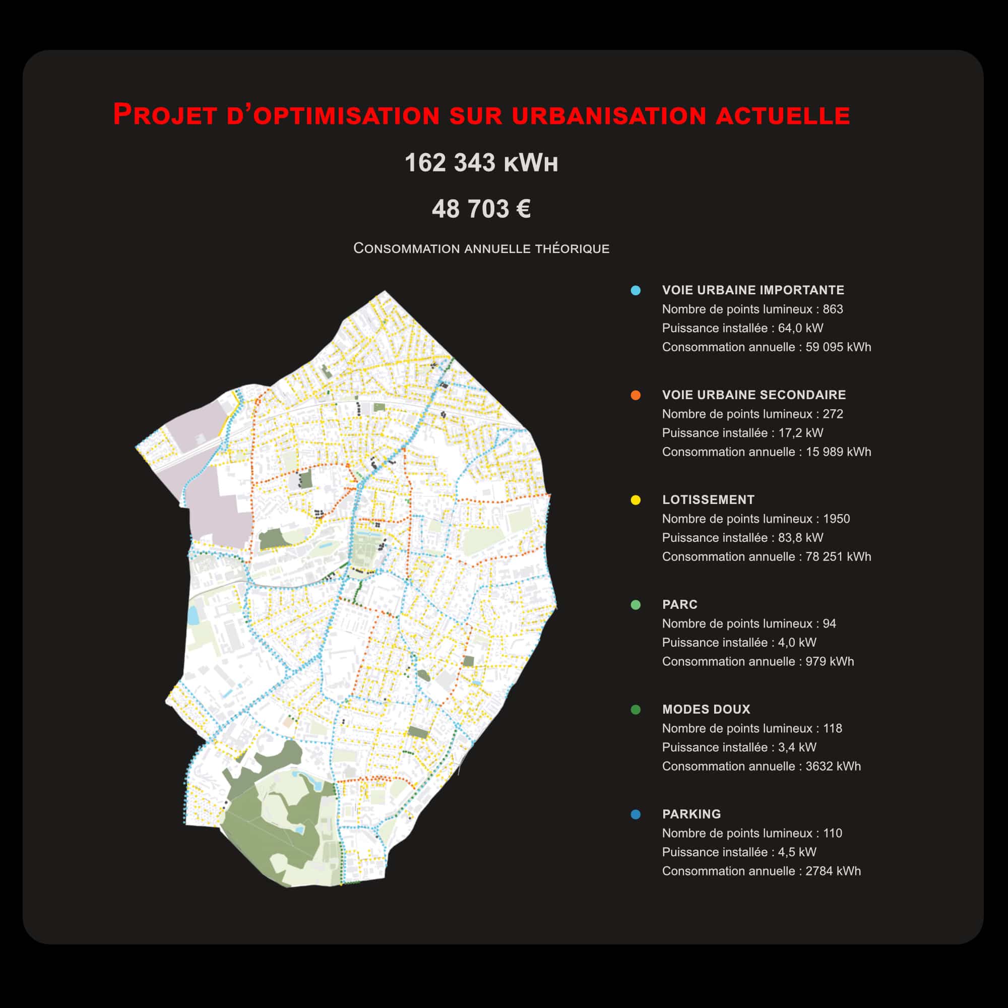 carte de hierarchisation et d'économies sur l'éclairage public LED en télégestion