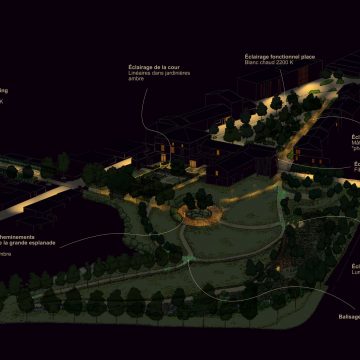 axonométrie nuit d'un projet d'éclairage d'un parc à Golfech