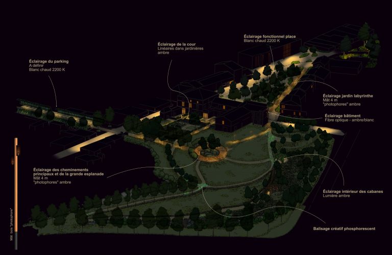 axonométrie nuit d'un projet d'éclairage d'un parc à Golfech