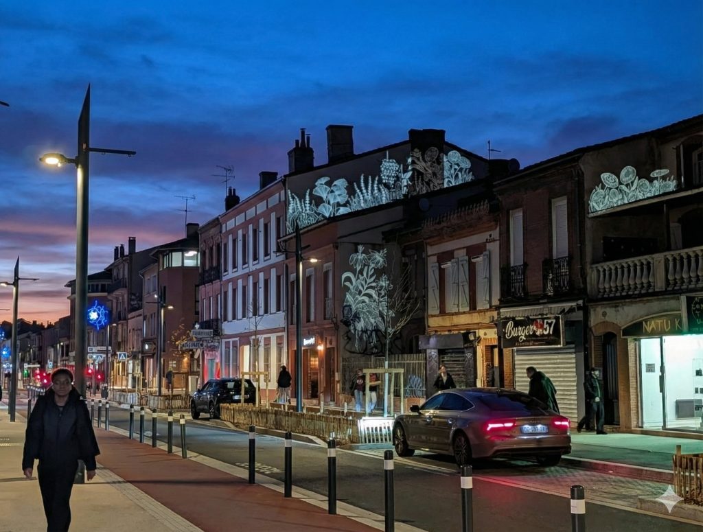 projection d'images florales sur les façades d'une rue avec des projecteurs gobos