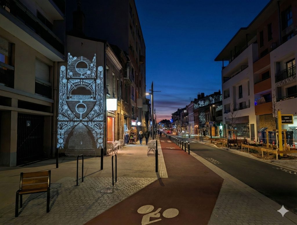 projection gobo dans une rue sur une façade